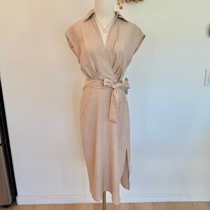 🌞 DKNY Beige Wrap Collared Midi Dress w/ Belted Tie Waist Small 4